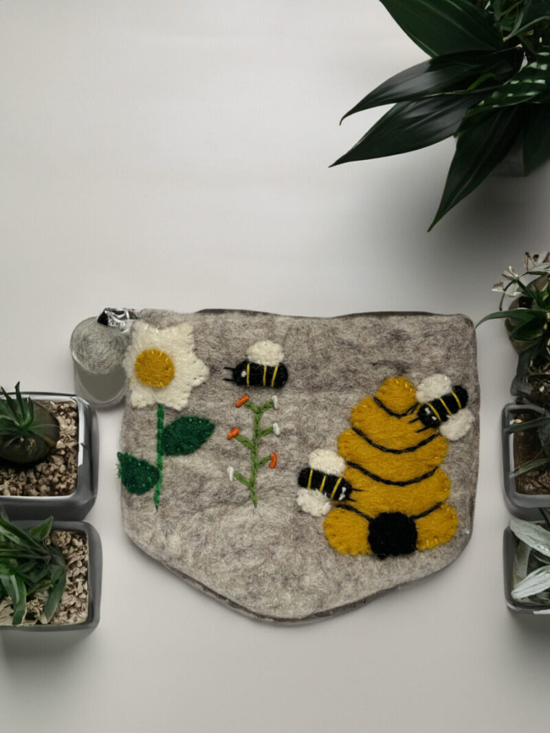wool handcrafted bee zipper purse